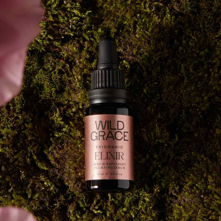 ELIXIR plumping serum, hyaluronic acid, coQ10 enzyme, made by WILD GRACE. Montreal, Canada.