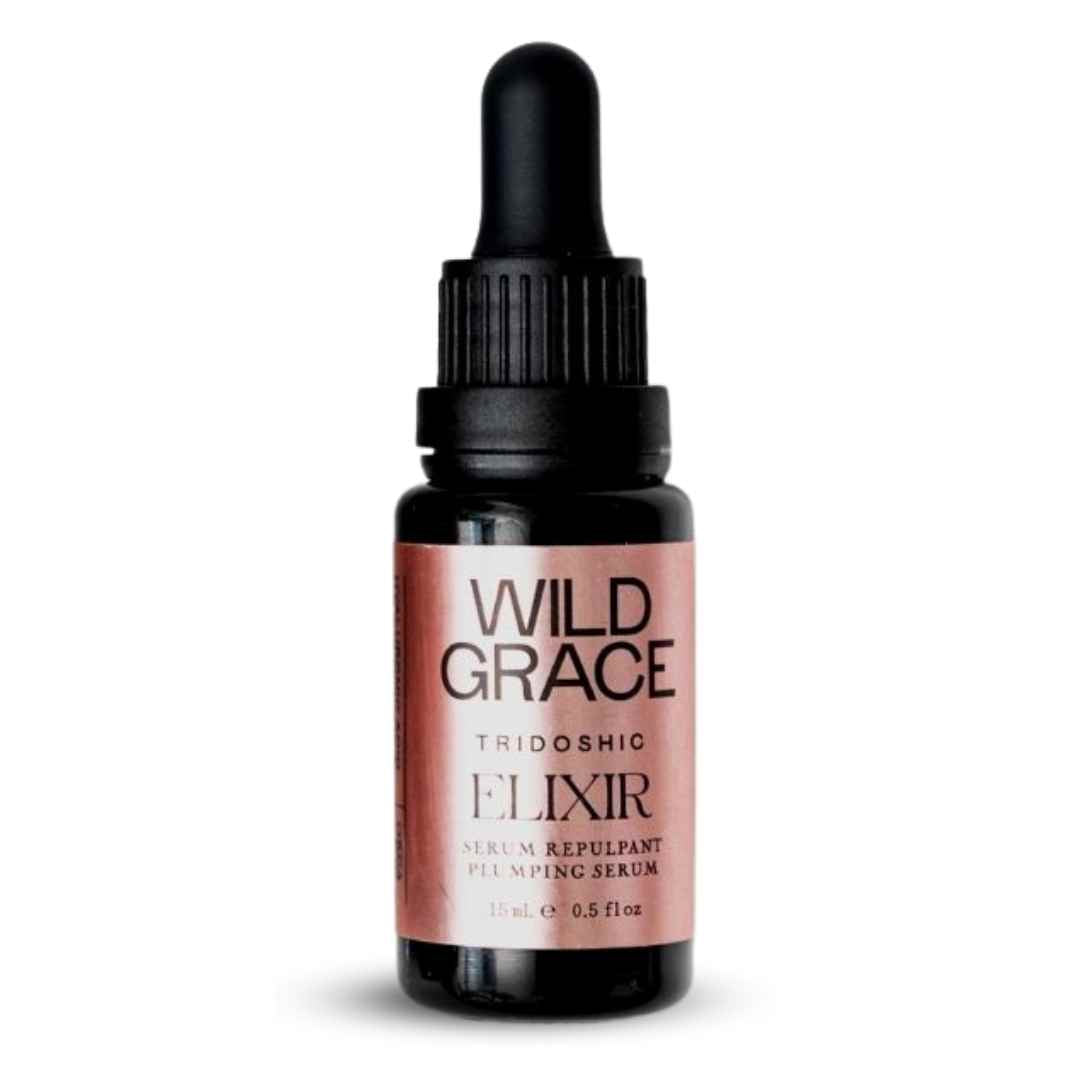 ELIXIR plumping serum, hyaluronic acid, coQ10 enzyme, made by WILD GRACE. Montreal, Canada.