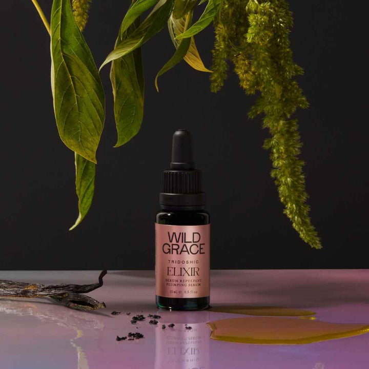 ELIXIR plumping serum, hyaluronic acid, coQ10 enzyme, made by WILD GRACE. Montreal, Canada.