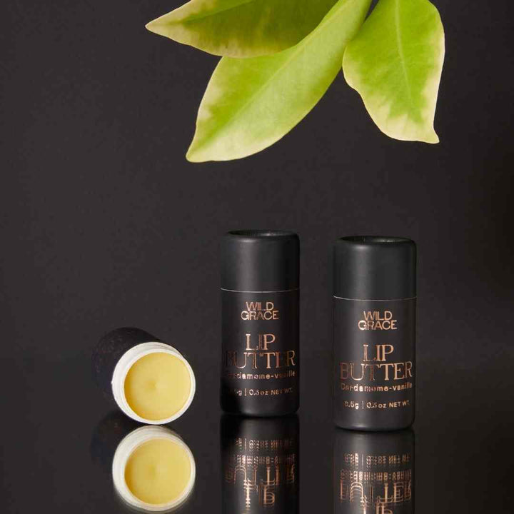 LIP BUTTER. Vegan lip balm made by WILD GRACE. Montreal, Canada. Cardamom and vanilla flavour.